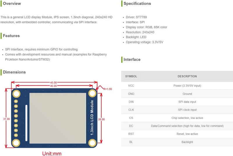Waveshare 1.3inch LCD Display Module IPS Screen 240x240 HD Resolution with Embedded Controller Communicating via SPI Interface Compatible with Raspberry Pi/Jetson Nano/STM32 - Image 2